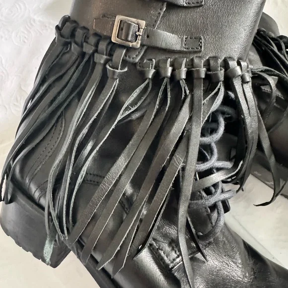 Fabianelli Italian Made Leather Black Fringe Ankle Booties with Buckle Accents - Picture 6 of 13